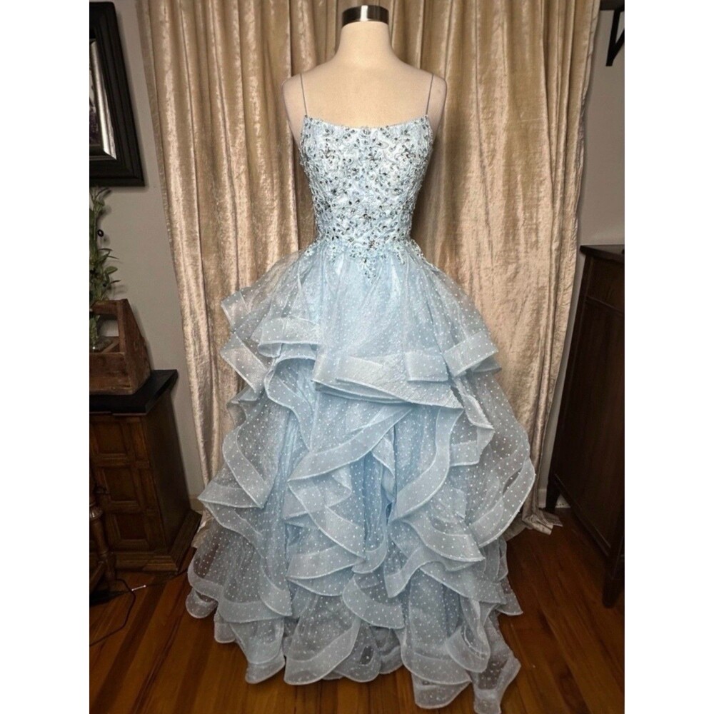 VTG Sherri Hill Swiss Dot Tiered Gown Size 2 Blue Jeweled Corset Bodice Pageant